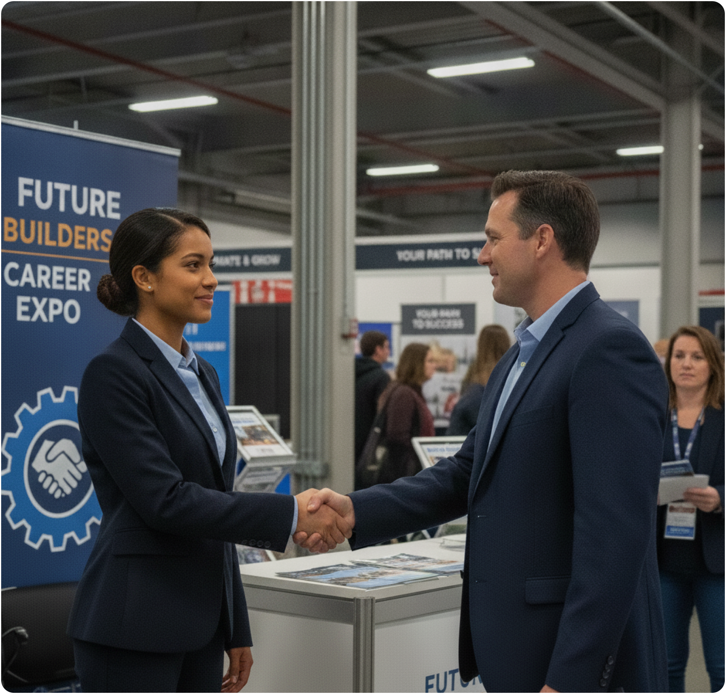 Professional networking conversation at an industry event
