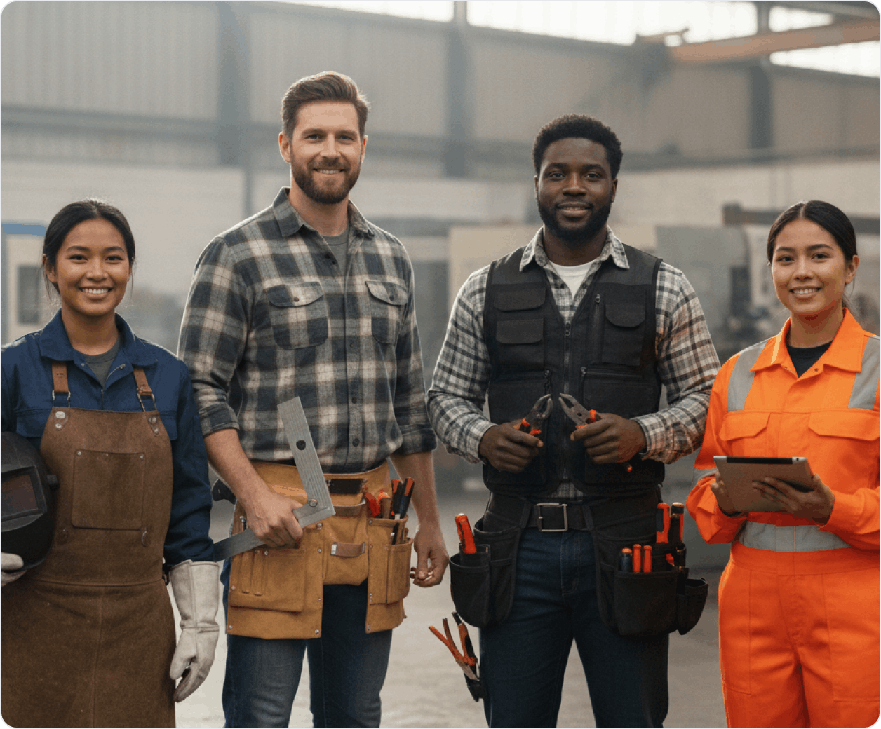 Skilled trades workers representing different apprenticeship pathways